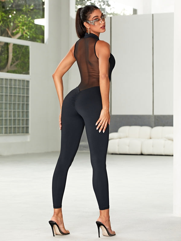 ❤ZASUWA Female Sexy Sheer Mesh Back Deep V Back Scrunch Bum Zipper Jumpsuit