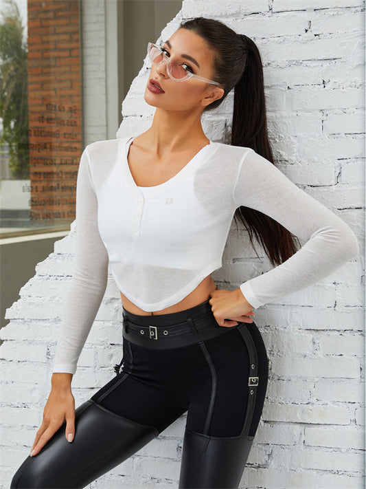 ZASUWA Female Hollow Out Cross Back PU Glossy Metal Buttons Breathable Sportswear