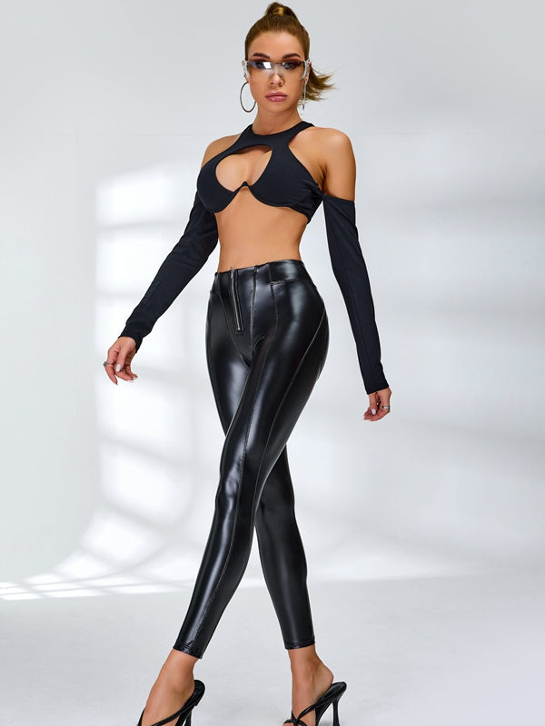 🖤ZASUWA Female Fly-Eye Faux Leather Push-Up Zipper Hip-lift Leggings