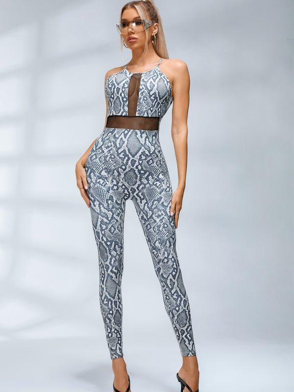 🖤ZASUWA Female Sexy Fishnet Snake Print Backless Jumpsuits