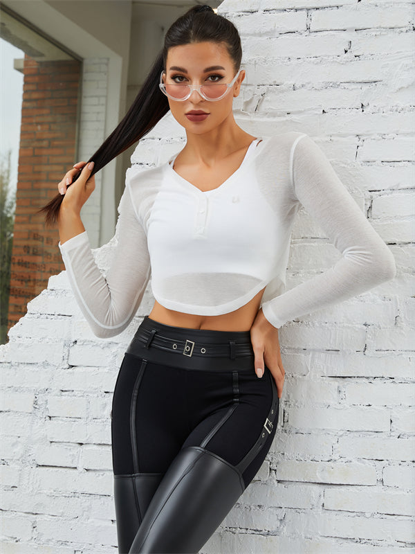 ZASUWA Female Hollow Out Cross Back PU Glossy Metal Buttons Breathable Sportswear
