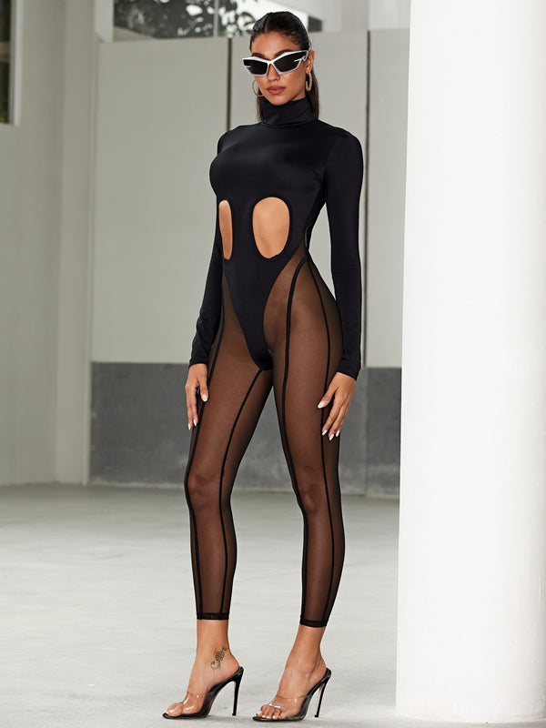 ❤ZASUWA Female Unique Cutout Super Mesh Zipper Booty Jumpsuit